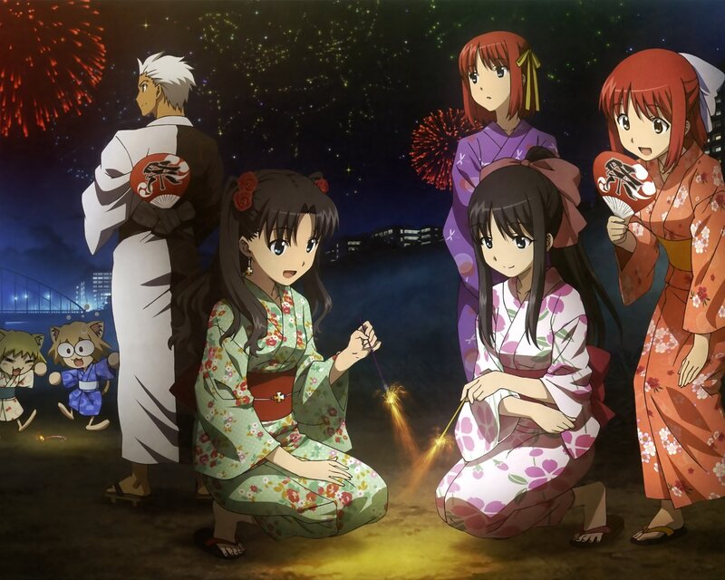 Anime characters at fireworks festival