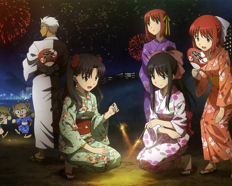 Anime characters at fireworks festival