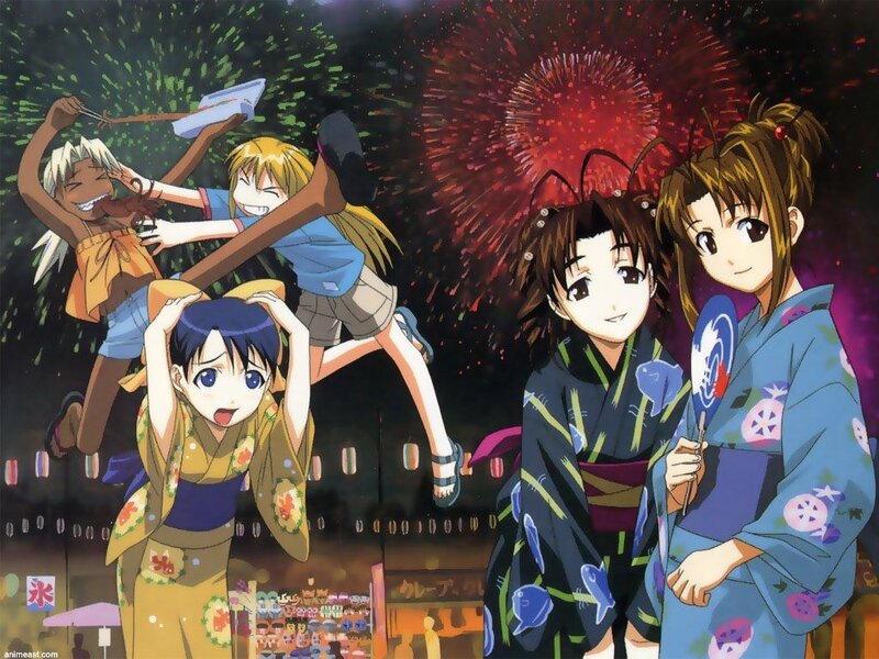 Anime characters at fireworks festival