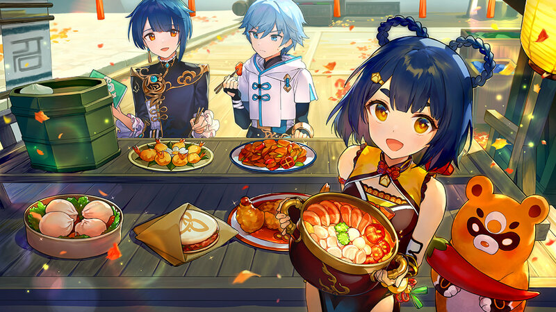 Anime Characters at Food Stall — Blue