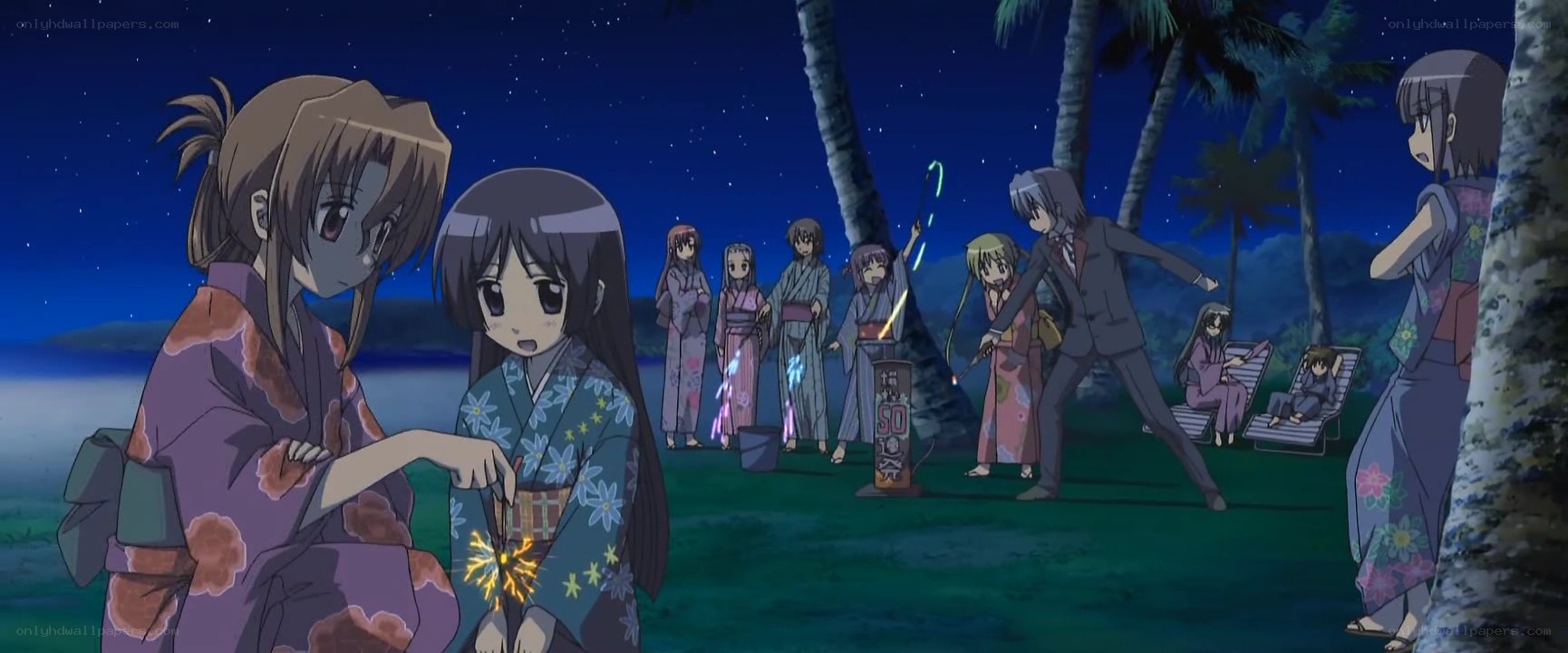 anime characters at night beach party