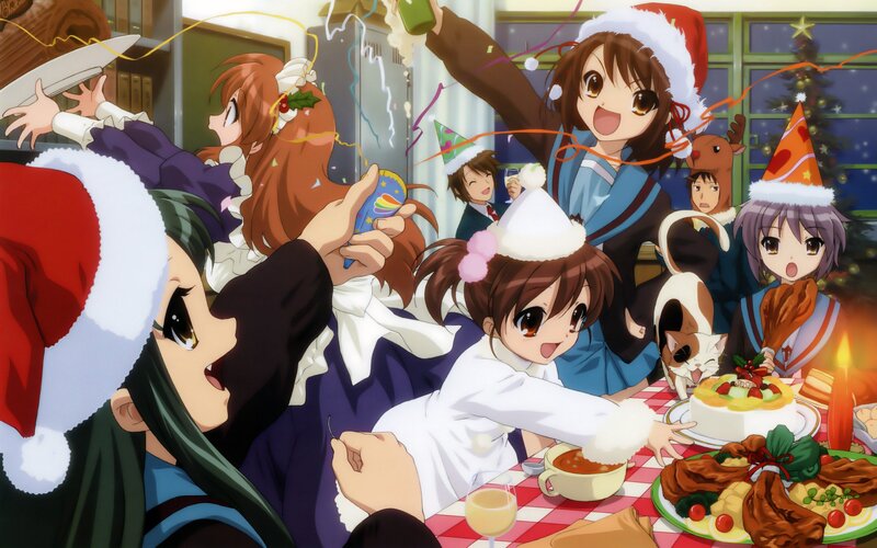 Anime Characters at Party — Red, Festive, Night, Santa Hats, Christmas Tree, Cake