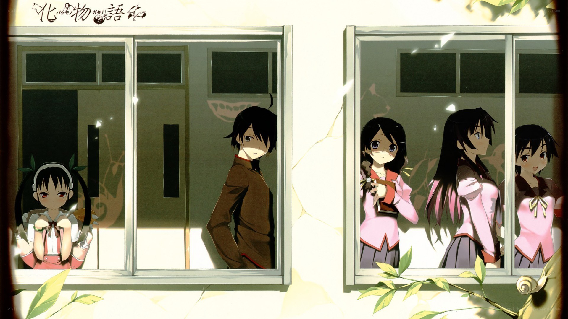 Anime characters at school windows