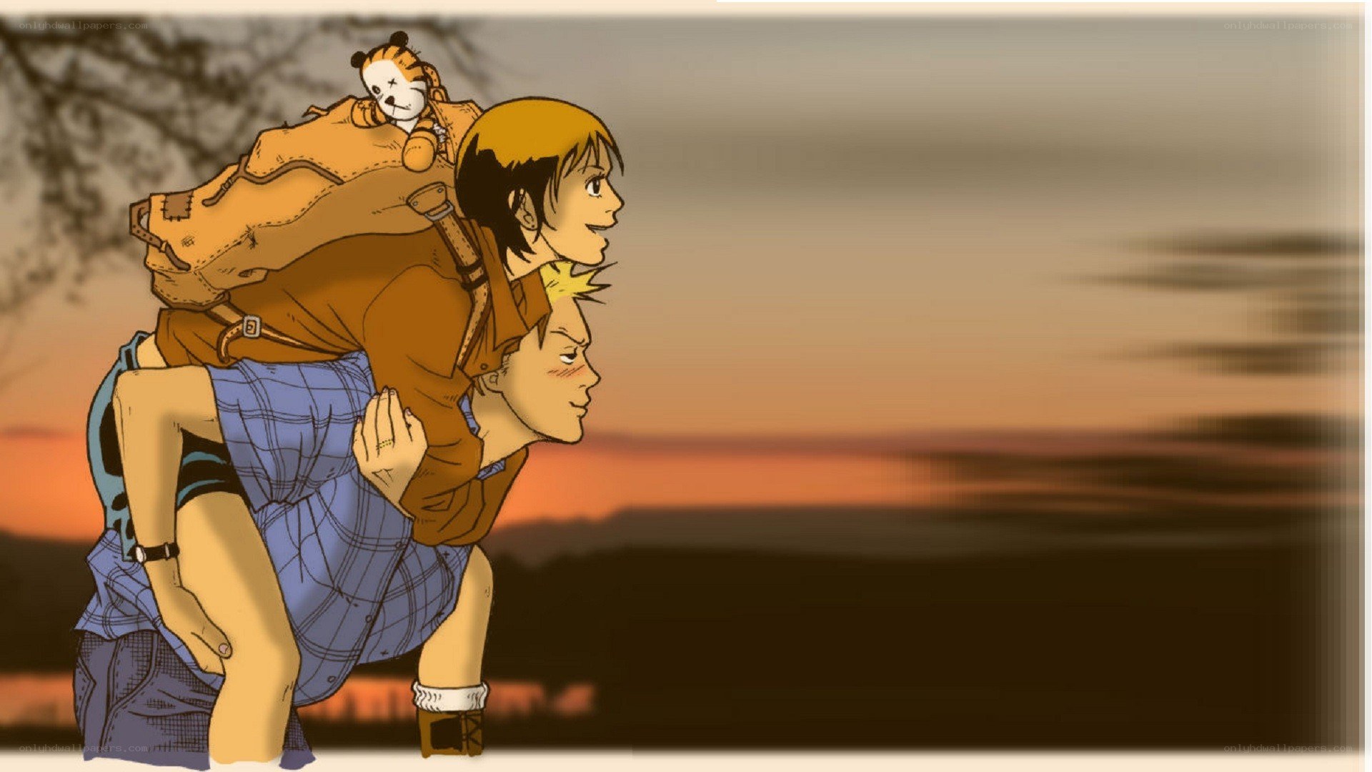anime characters at sunset