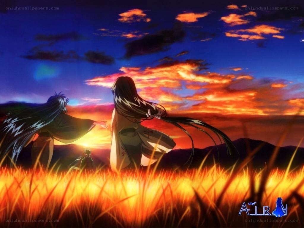 Anime characters at sunset