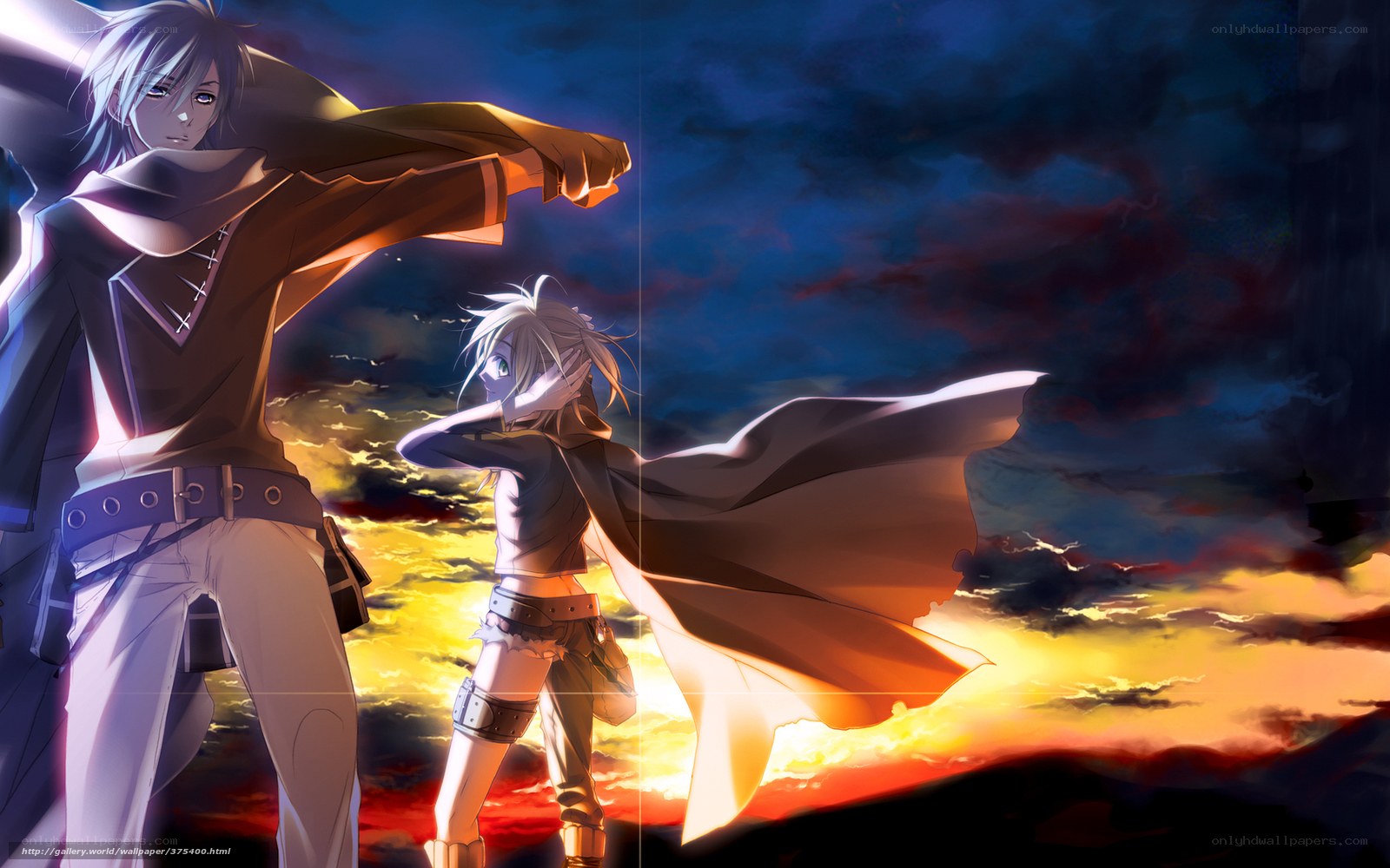 Anime characters at sunset