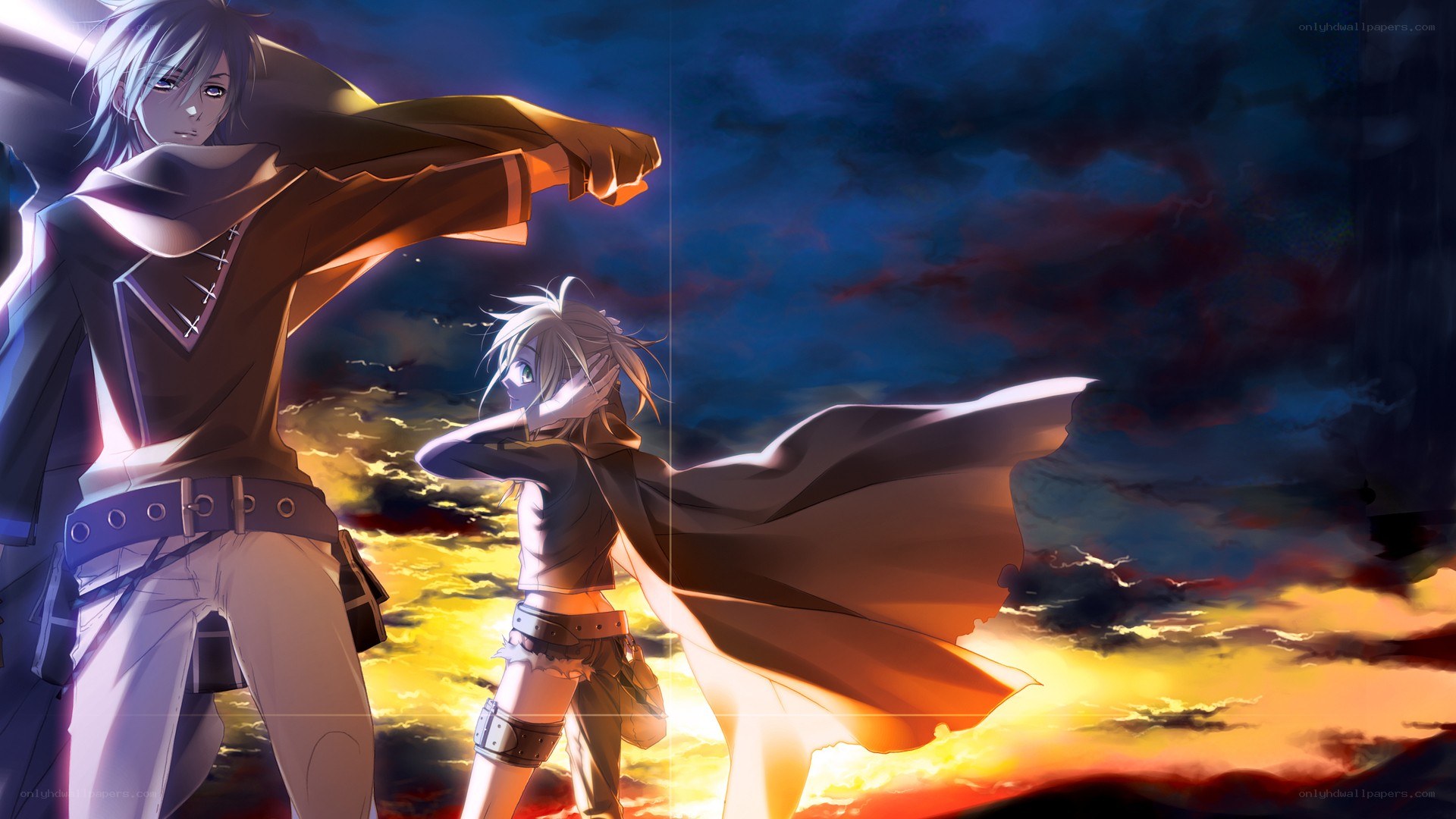 Anime characters at sunset