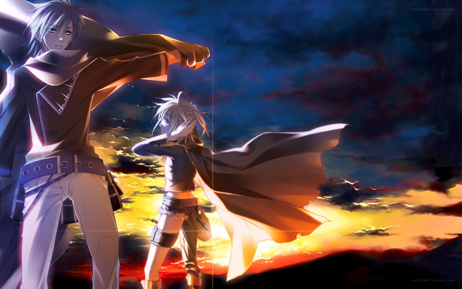 Anime characters at sunset