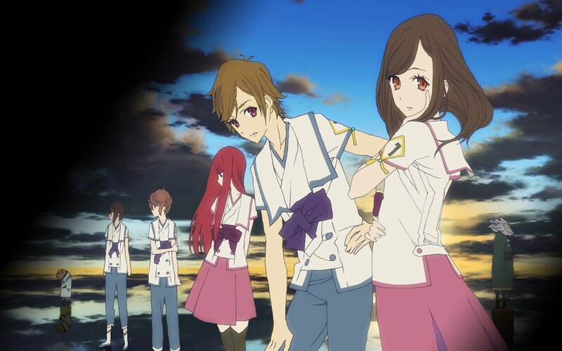 anime characters at sunset