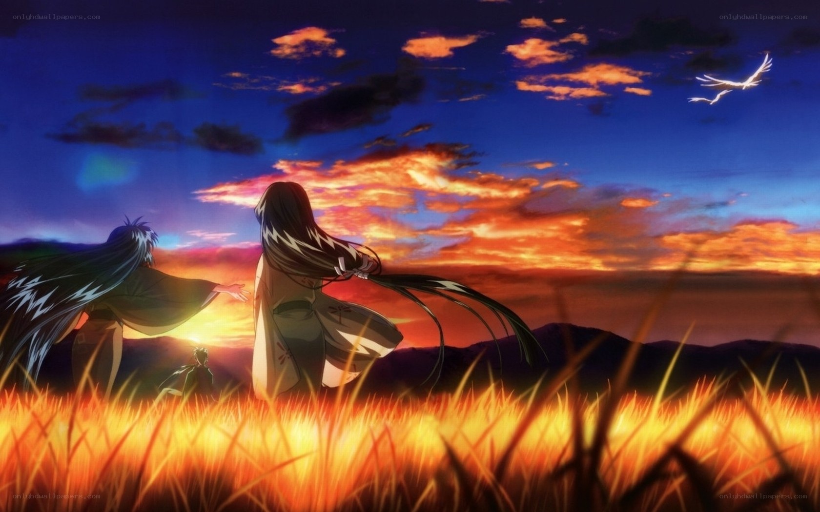 Anime characters at sunset