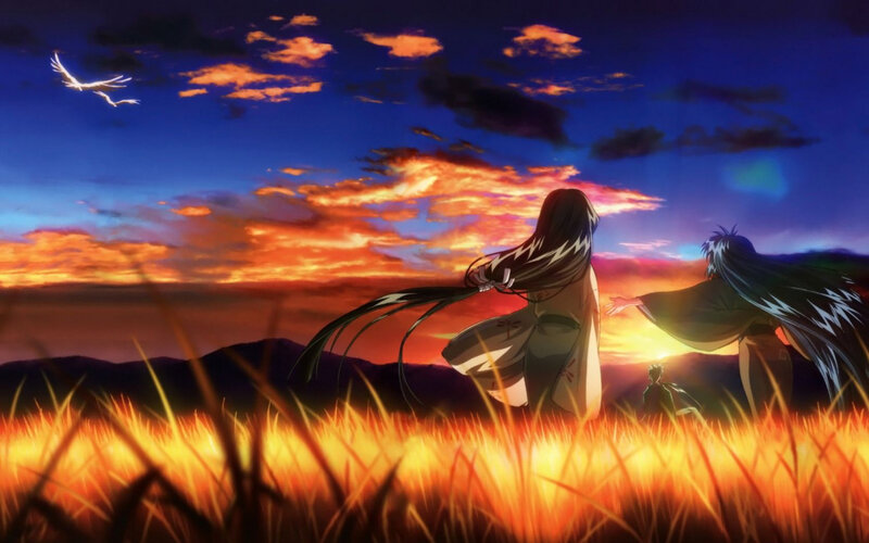 Anime characters at sunset