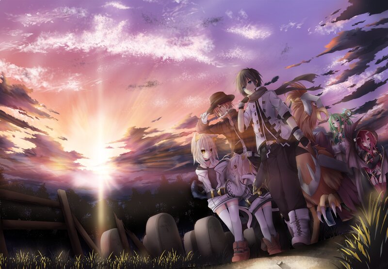 Anime Characters at Sunset — Purple, Dramatic, Digital Art