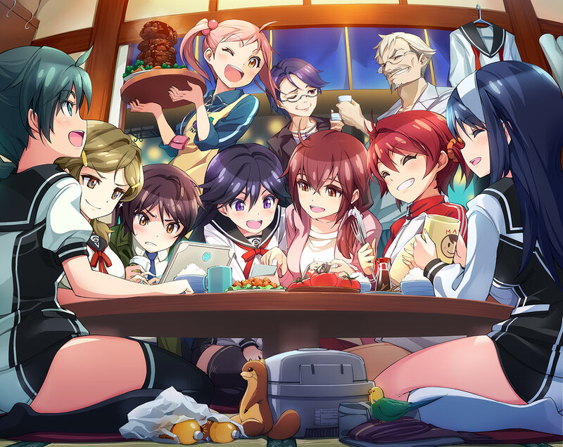Anime Characters at Table — Blue, Lively, Night