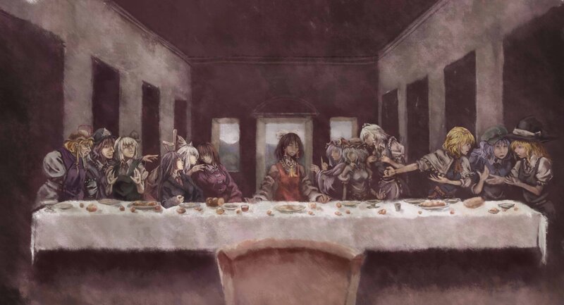 Anime Characters at Table — Brown, Dramatic, Digital Art