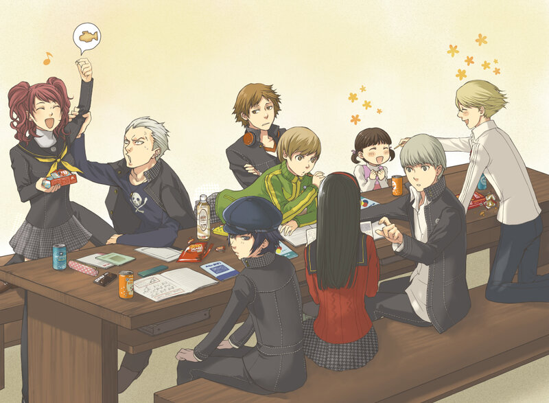 Anime Characters at Table — Brown, Lively, Manga, School Uniforms