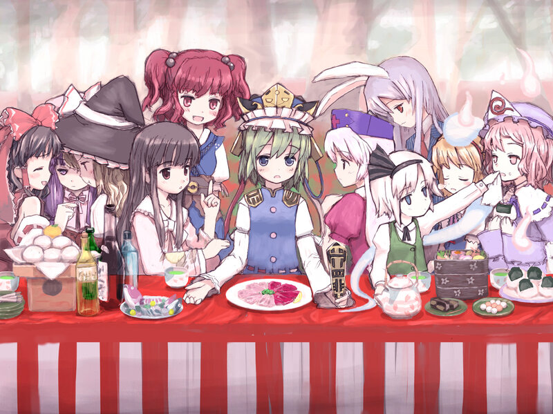 Anime Characters at Table — Red, Festive, Digital Art