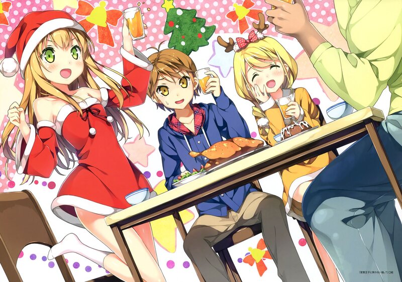 Anime Characters at Table — Red, Festive