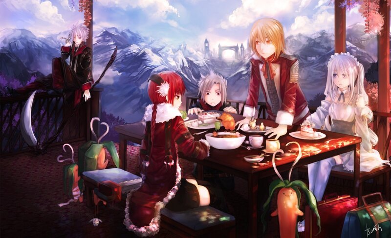 Anime Characters at Table — Red, Serene