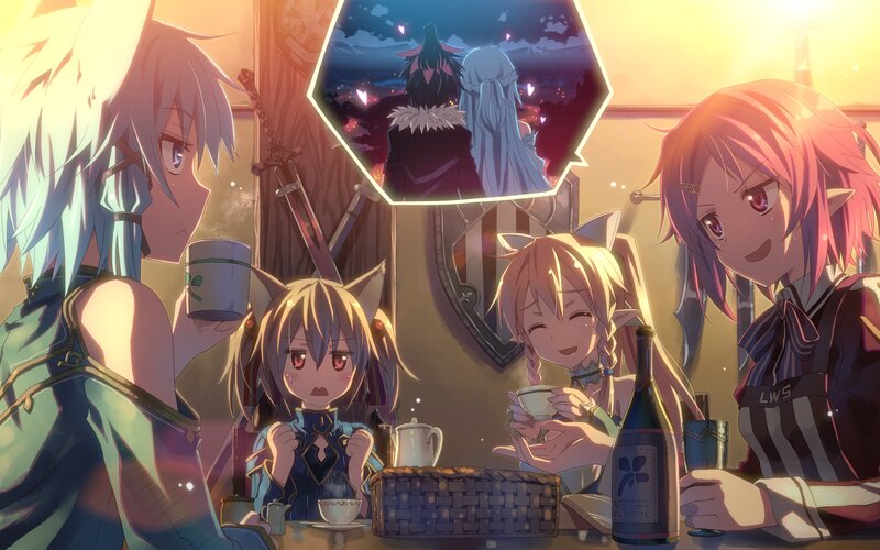Anime Characters at Table — Yellow, Warm, Sunset, Tea Cups