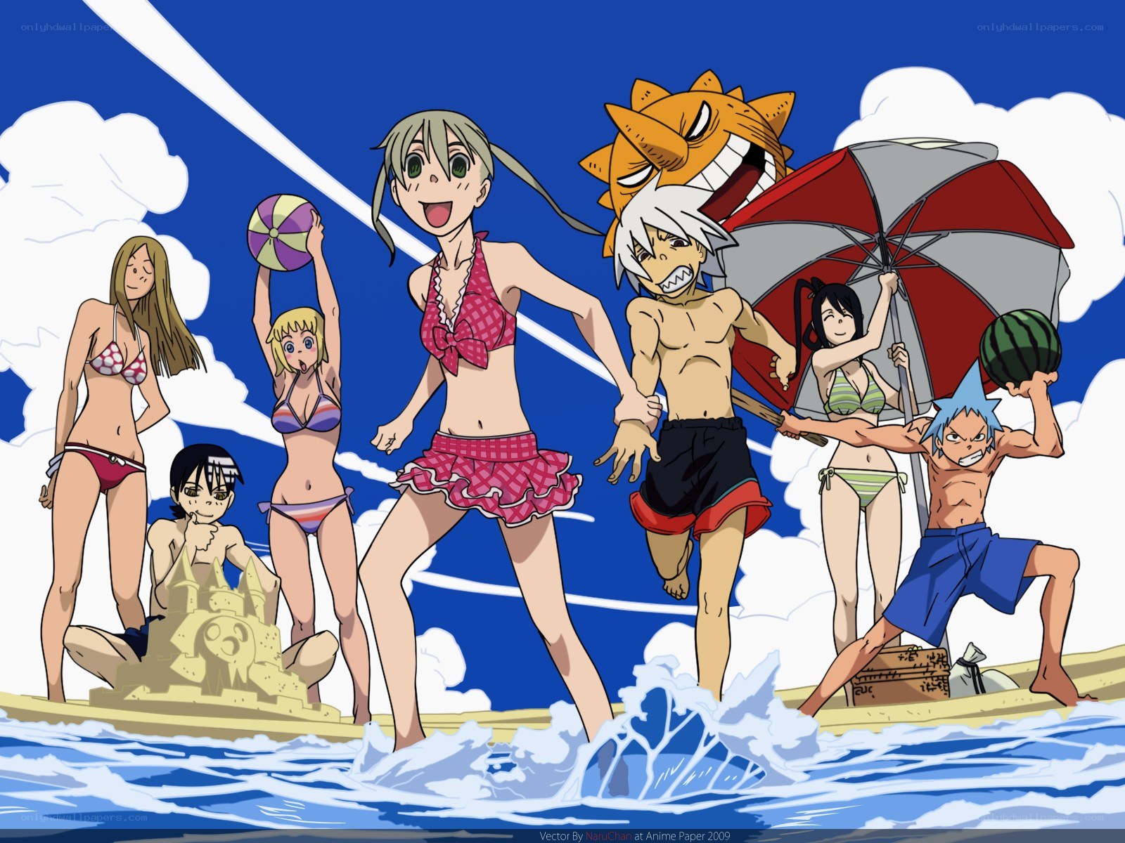 Anime characters at the beach