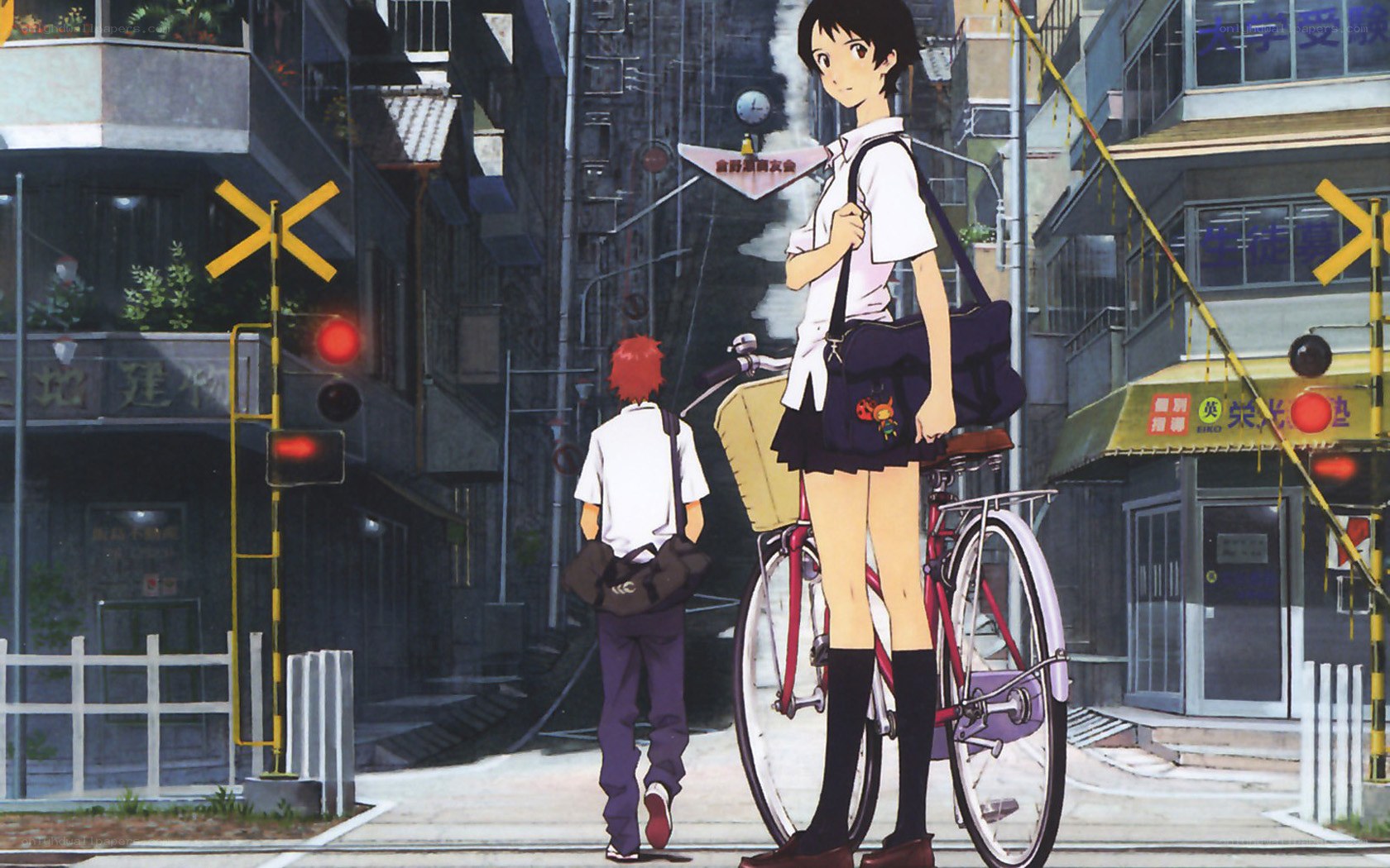 Anime characters at train crossing