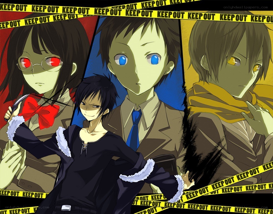 Anime characters behind caution tape