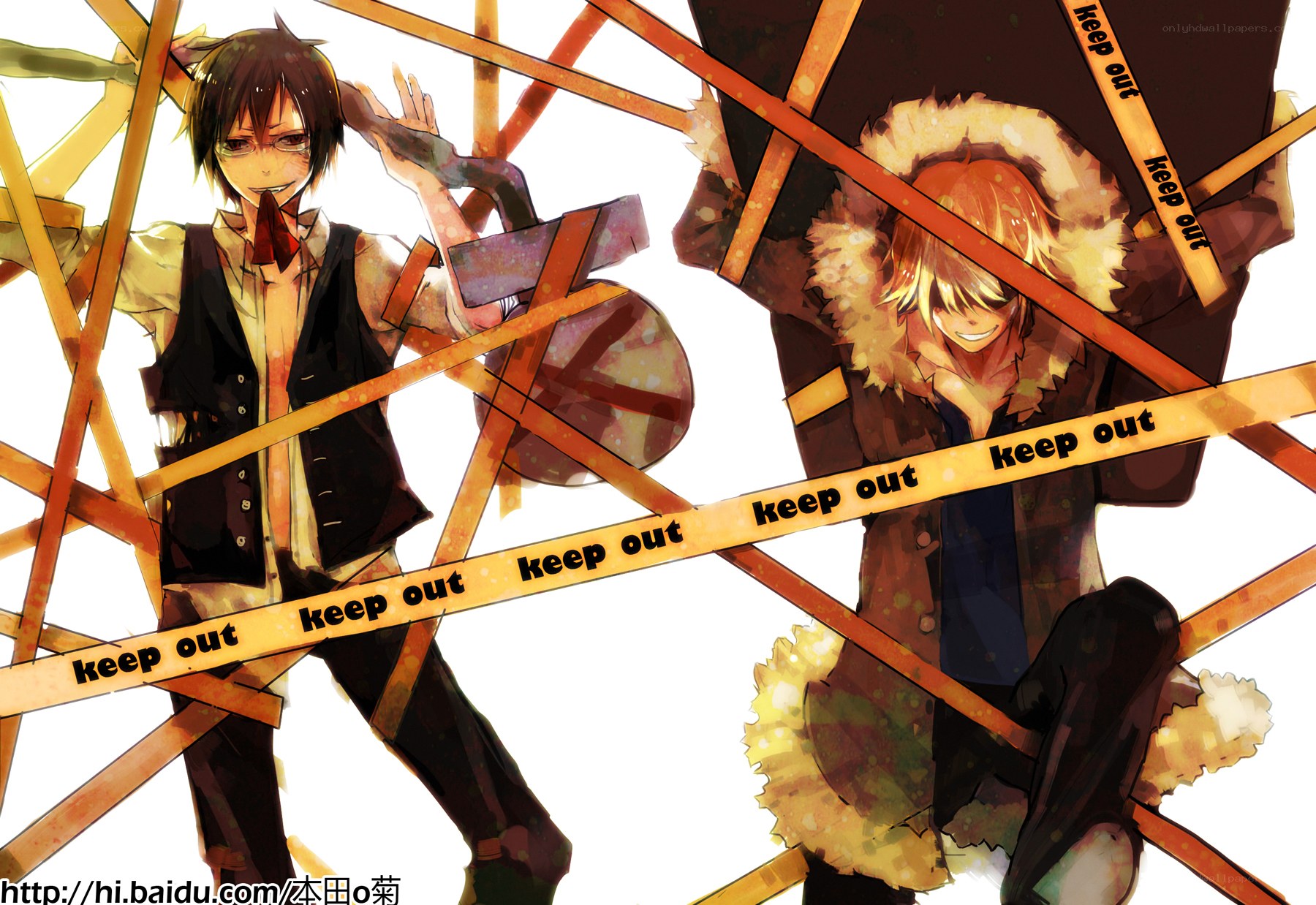 Anime characters behind caution tape