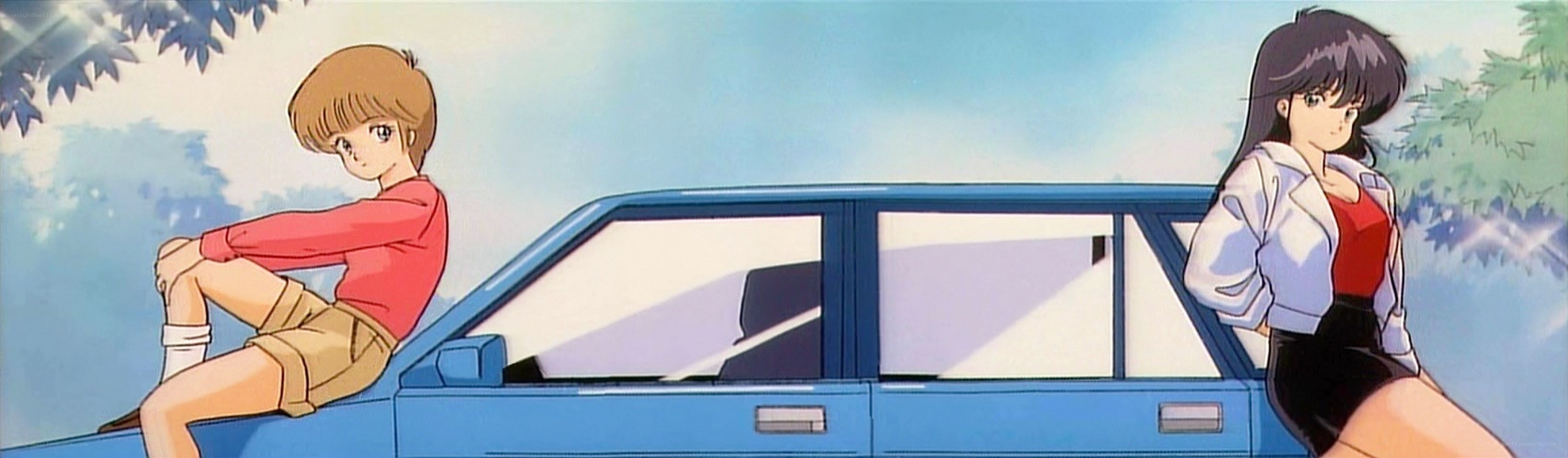 Anime characters by a blue car