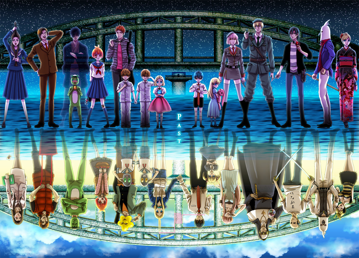 Anime characters by a bridge at night