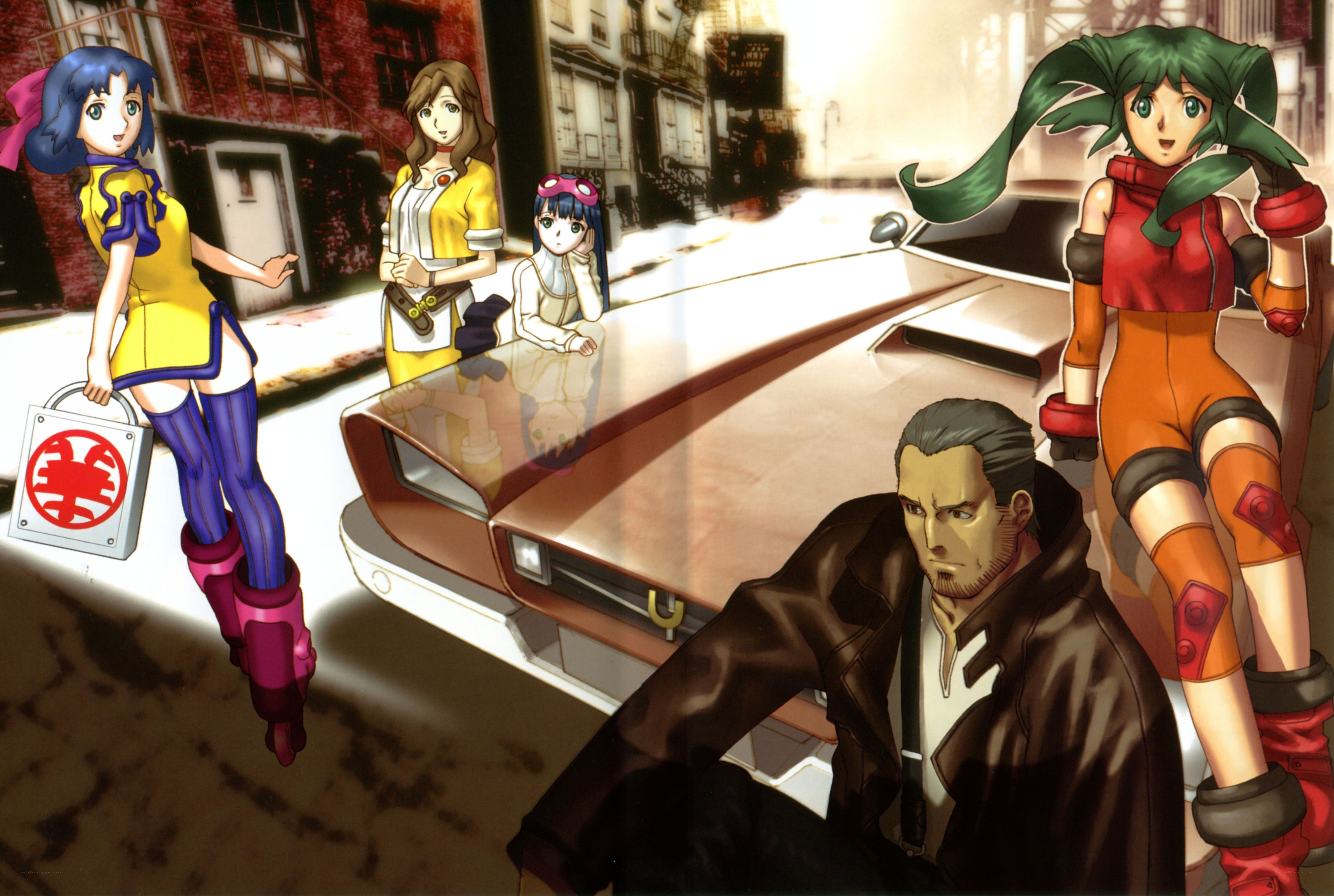 anime characters by a car