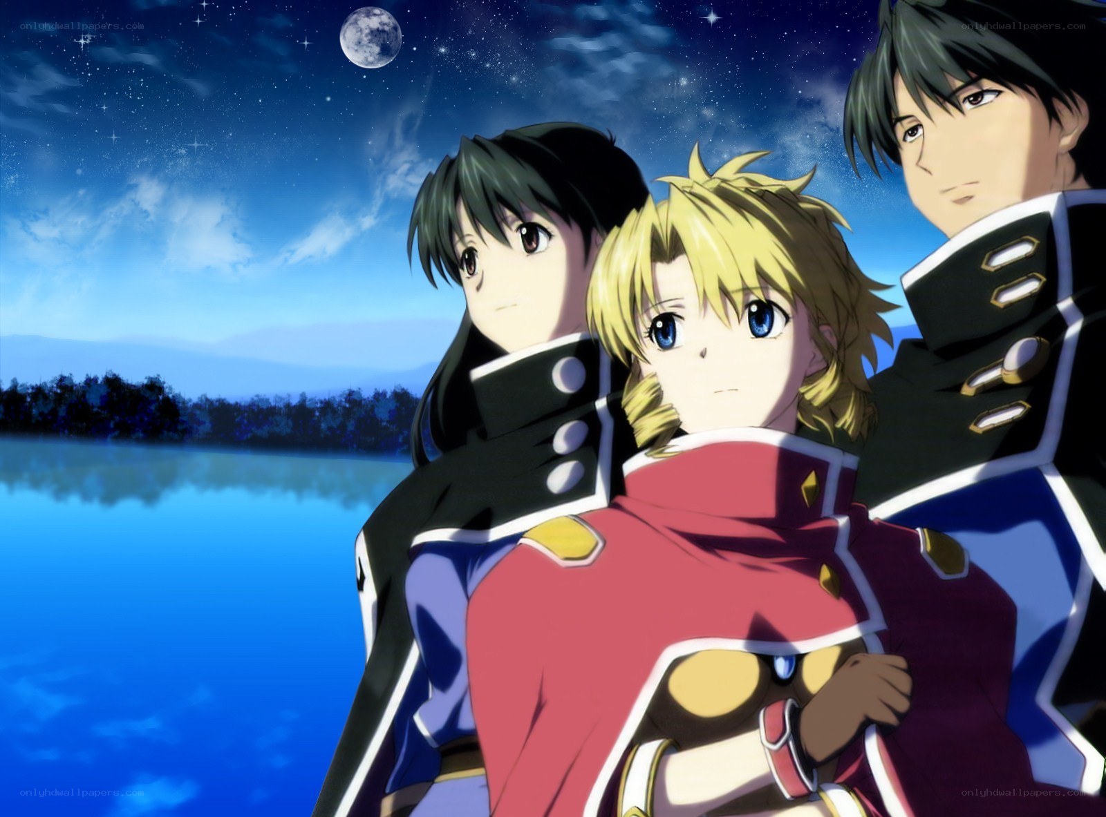 anime characters by a lake at night