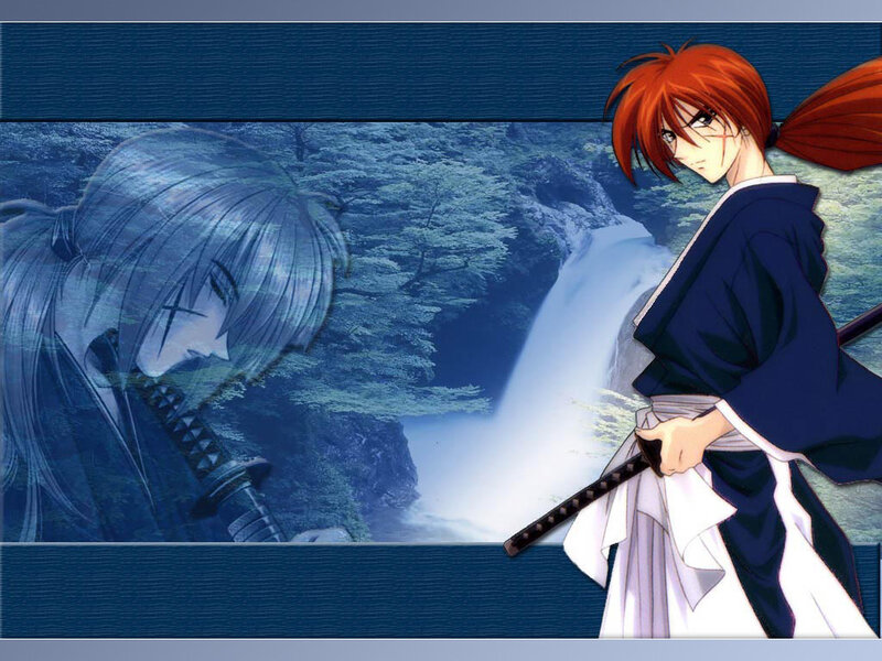 Anime characters by a waterfall
