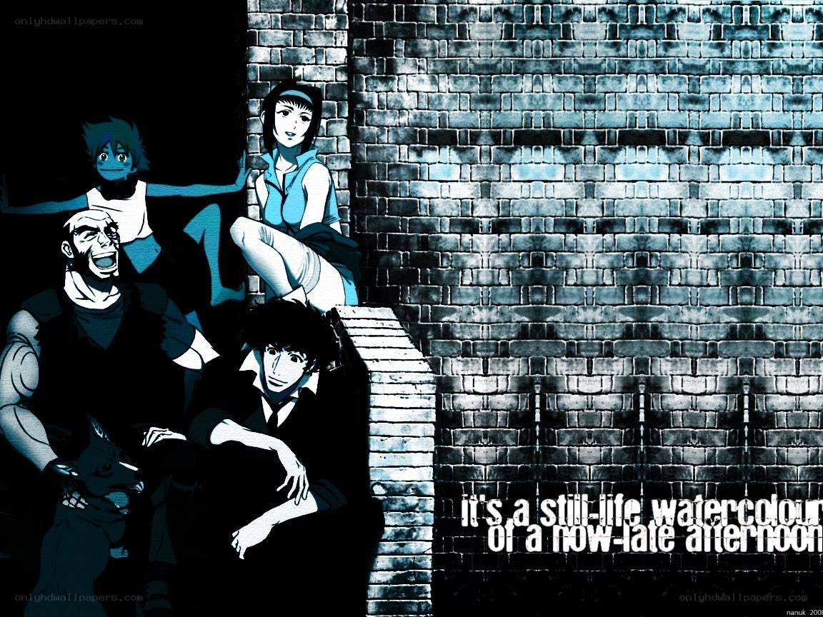 anime characters by brick wall