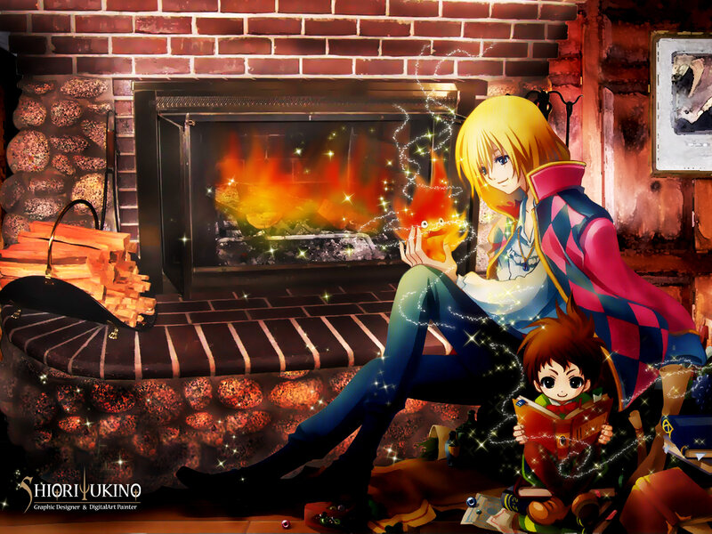 Anime characters by fireplace
