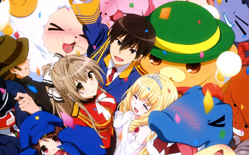 Anime Characters Celebrating — Blue, Festive, Confetti