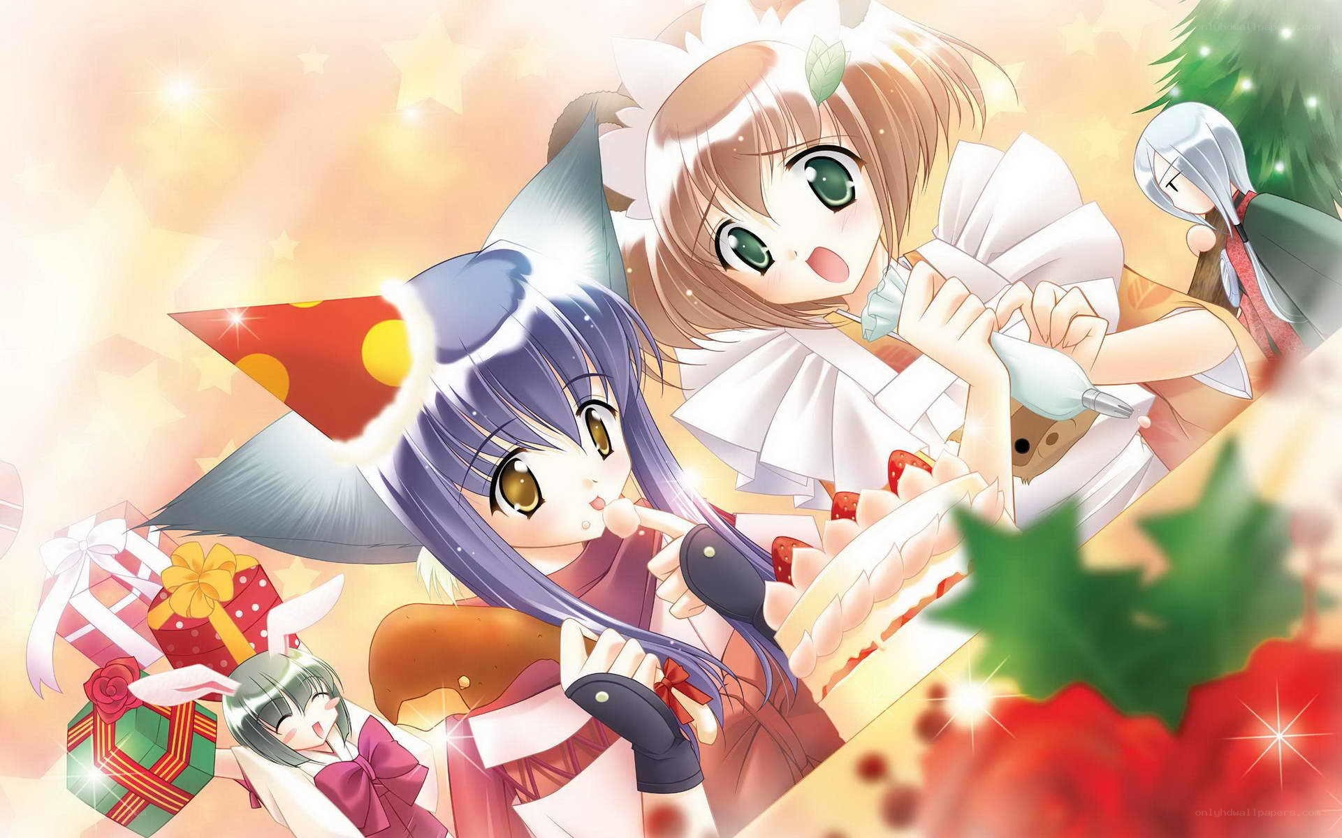 Anime characters celebrating Christmas