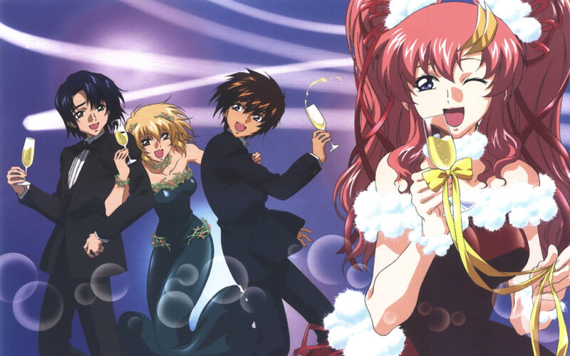 Anime Characters Celebrating — Purple, Festive, Night