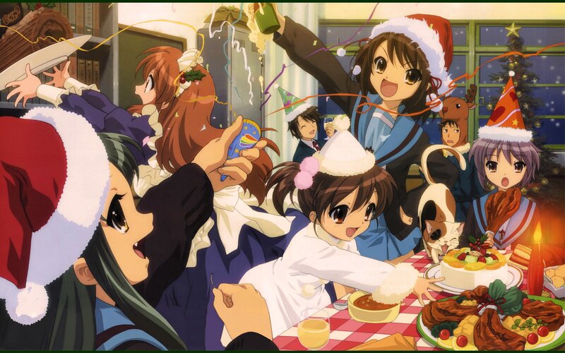 Anime Characters Celebrating — Red, Festive, Night