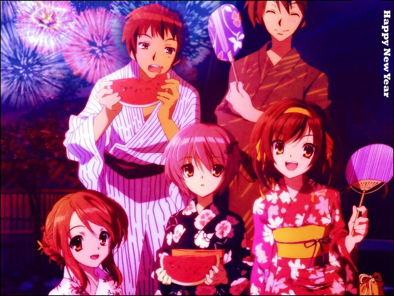 Anime characters celebrating with fireworks
