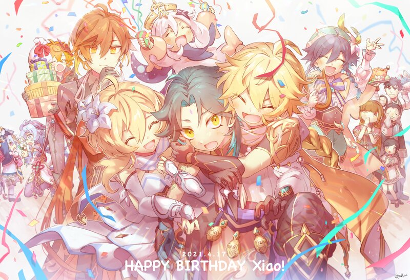 Anime Characters Celebrating — Yellow, Festive, Digital Art