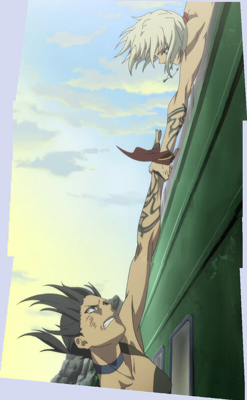 anime characters climbing train