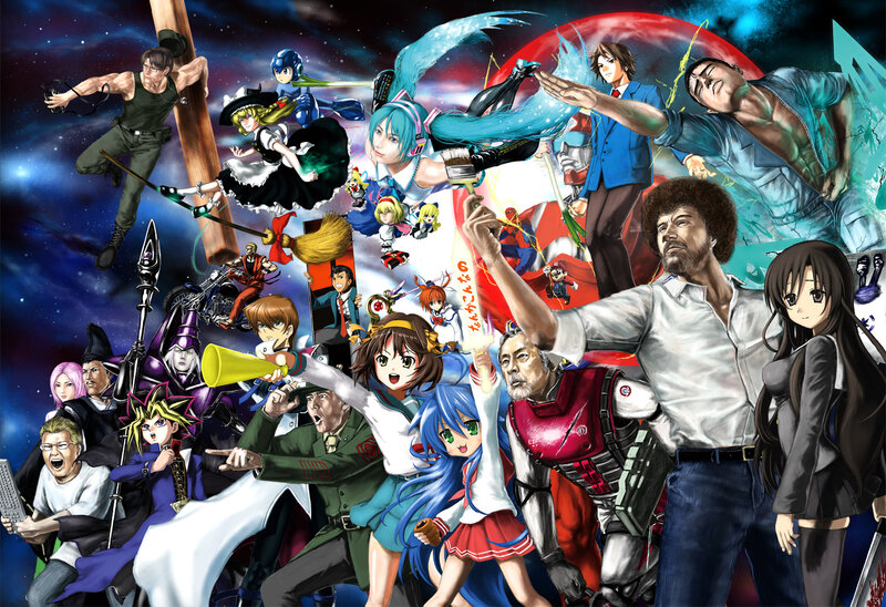Anime Characters Collage — Blue, Chaotic, Night