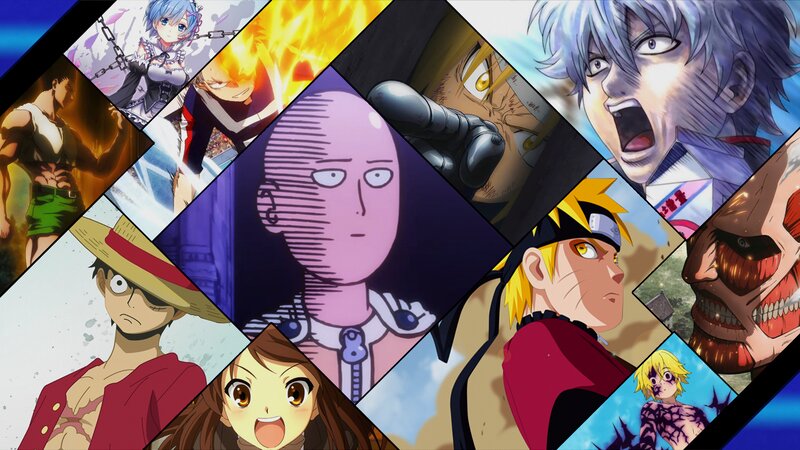 Anime Characters Collage — Blue, Dramatic, Action Scenes