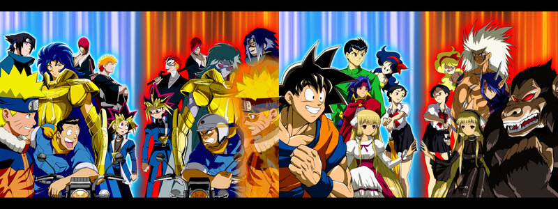 Anime Characters Collage — Blue, Dynamic, Manga, Backgrounds