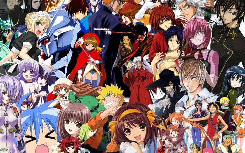 Anime Characters Collage — Blue, Dynamic, Manga, Weapons