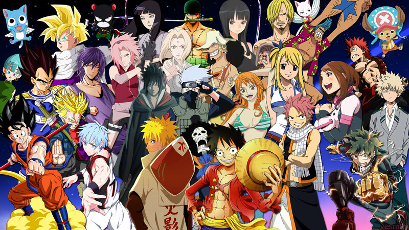 Anime Characters Collage — Blue, Dynamic, Night