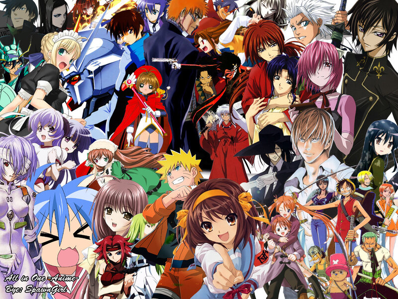 Anime Characters Collage — Blue, Energetic, Weapons