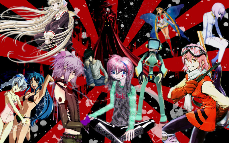 Anime Characters Collage — Red, Dramatic, Digital Art