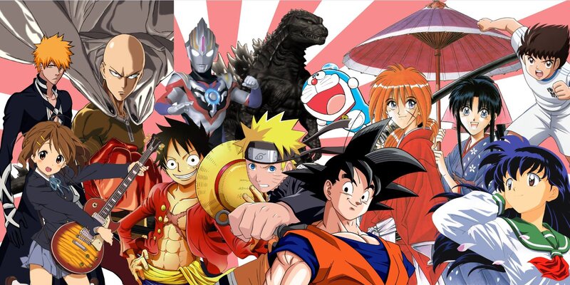 Anime Characters Collage — Red, Energetic, Manga