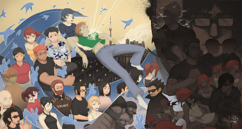 Anime characters collage with cityscape
